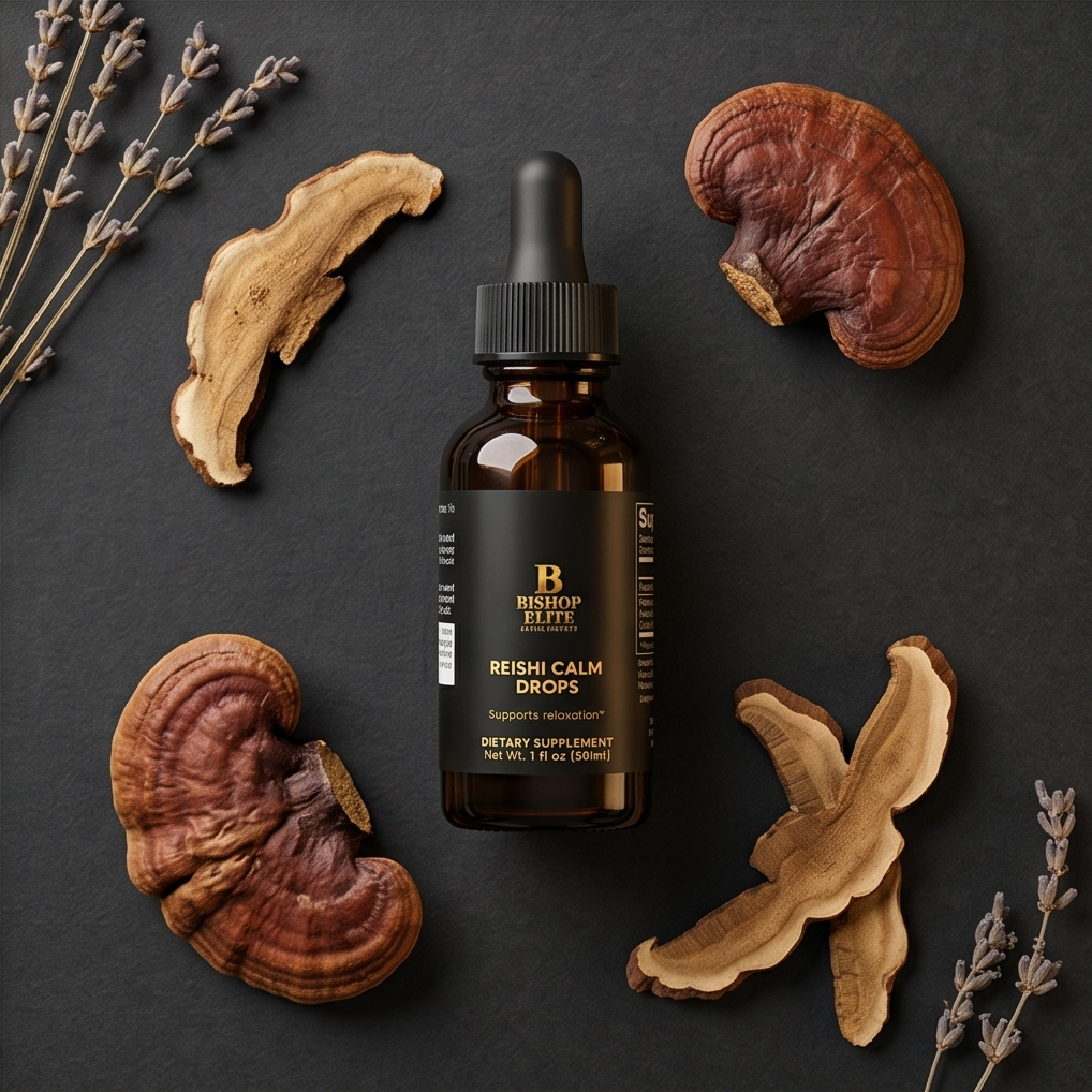 Bottle of Reishi Calm Drops surrounded by reishi mushrooms on a dark surface.  Bishop Elite Supplements 