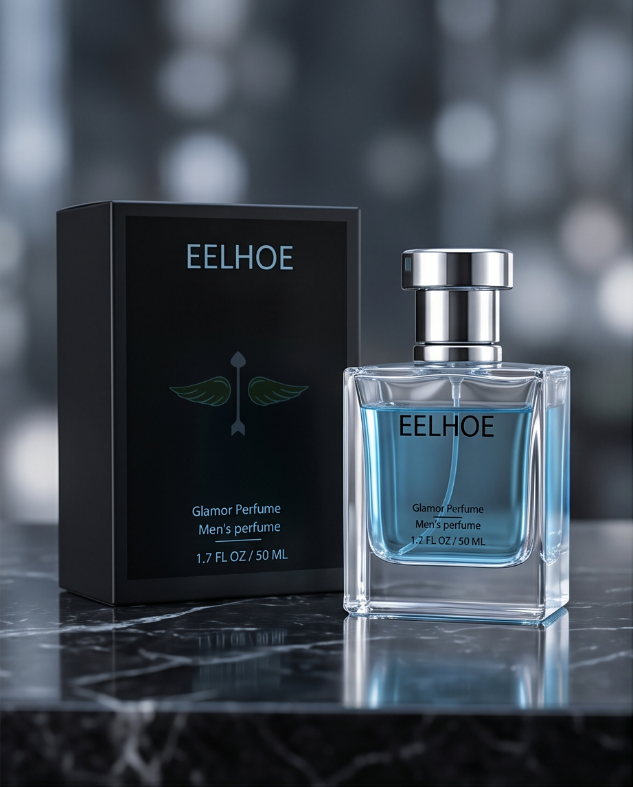 EELHOE men's perfume bottle and packaging on a reflective surface with blurred background