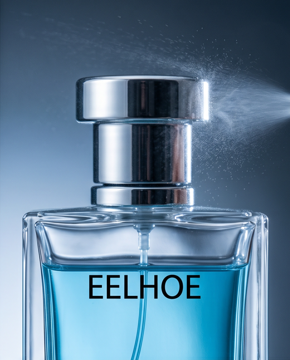 Perfume bottle with blue liquid and 'EELHOE' branding on a dark background