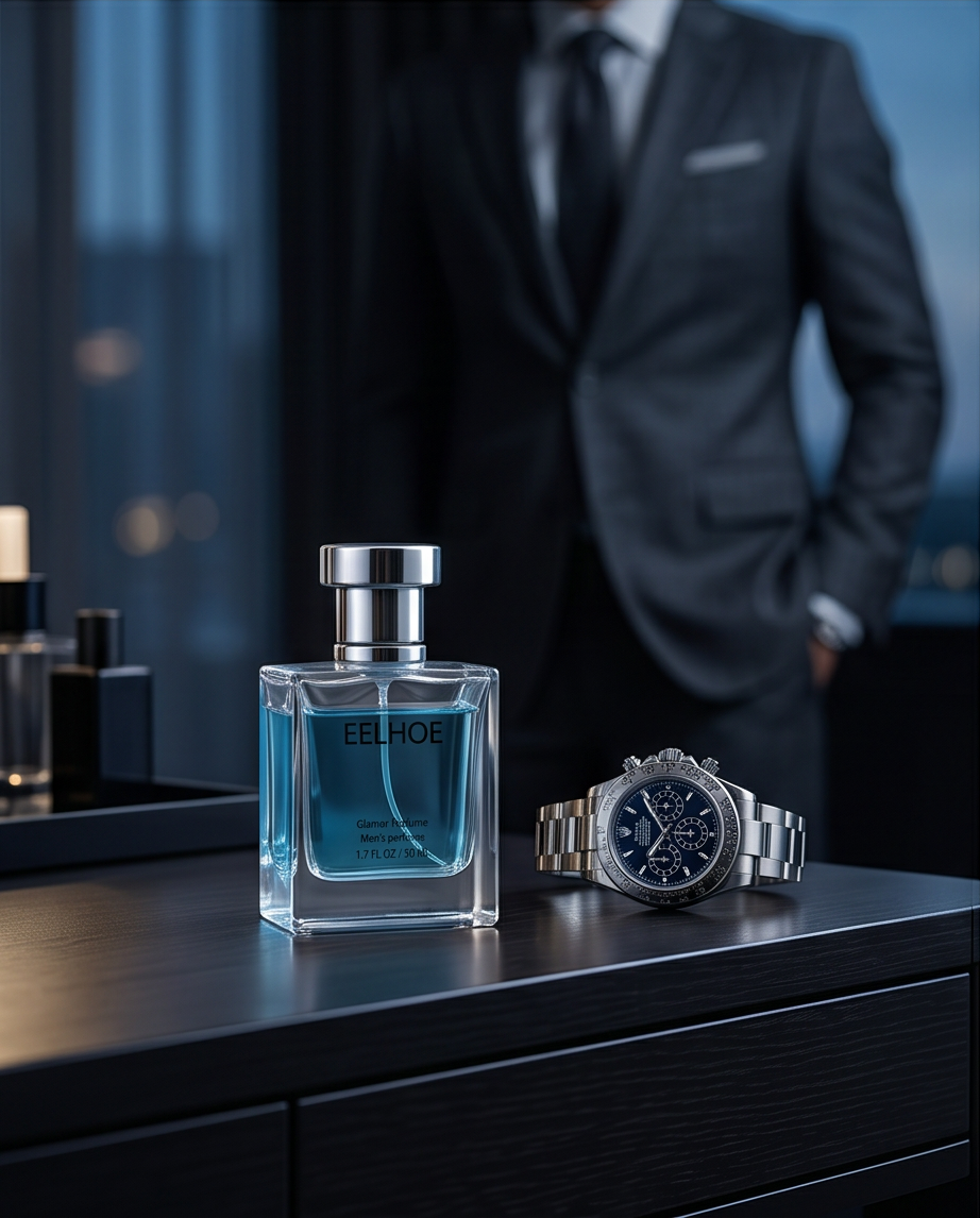 Man in a suit standing behind a bottle of ECLIOE perfume and a watch on a dark surface.