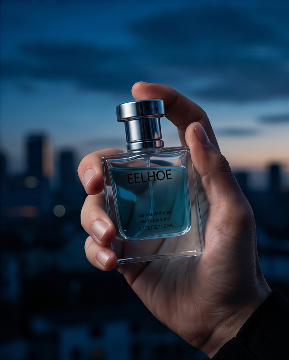 Hand holding a EELHOE perfume bottle with a cityscape in the background