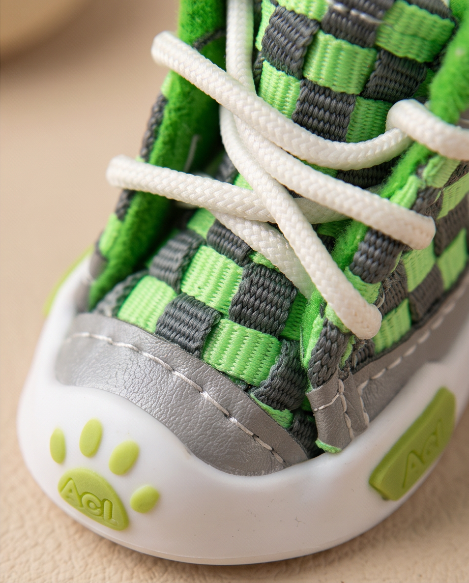 Close-up of a green and gray checkered shoe with white laces on a beige background. Bishop X 
