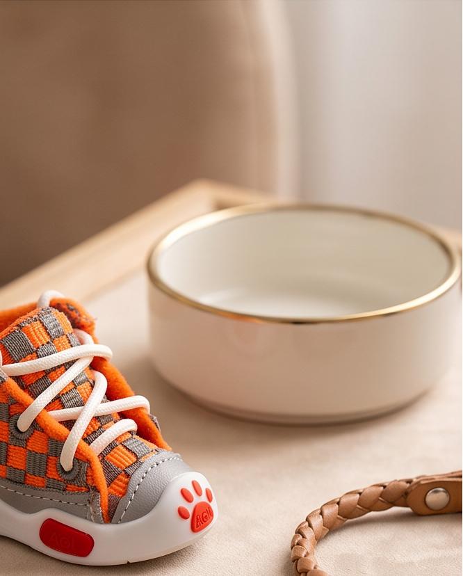 Children's checkered shoe with orange and gray design on a wooden surface. Bishop X 