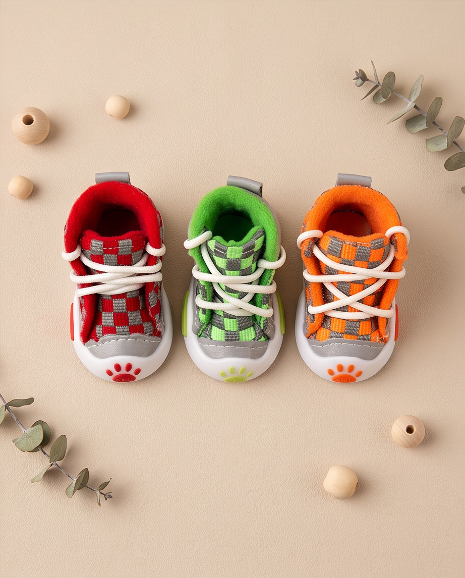 Three colorful baby shoes with paw prints on a beige background.  Bishop X 
