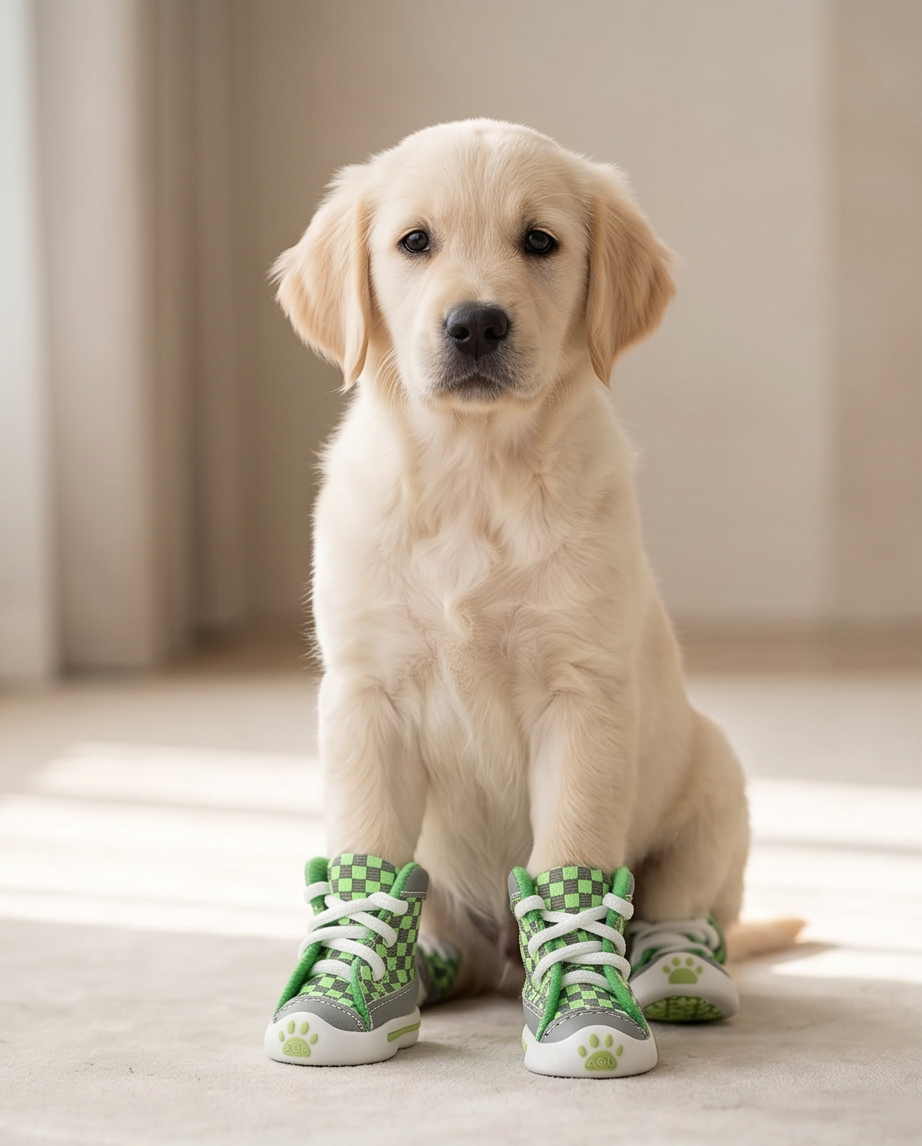 Puppy wearing green checkered booties on a light wooden floor. Bishop X 