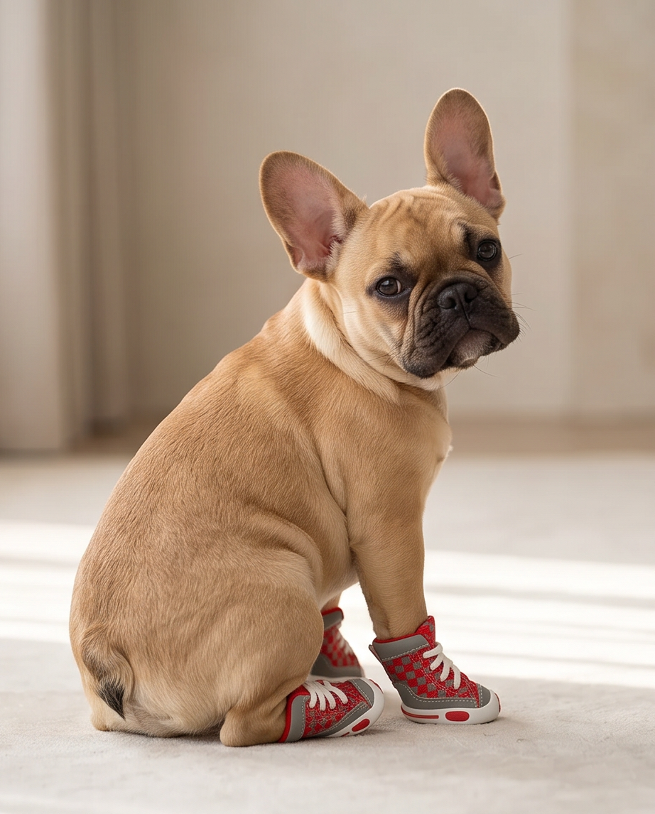 Small dog wearing red and gray shoes sitting on a light-colored floor. Bishop X 