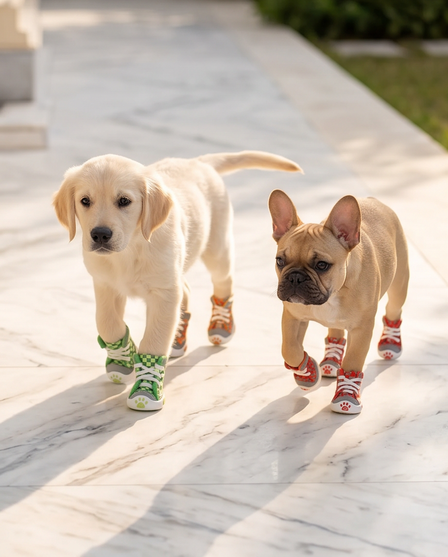 Two puppies, a Labrador and a French Bulldog, walking on a marble floor wearing colorful dog boots. Bishop X 