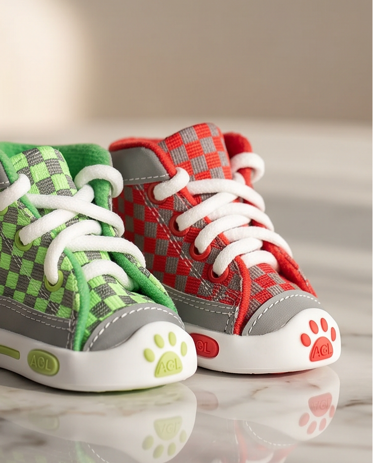 Pair of colorful children's shoes with paw prints on a reflective surface. Bishop X 