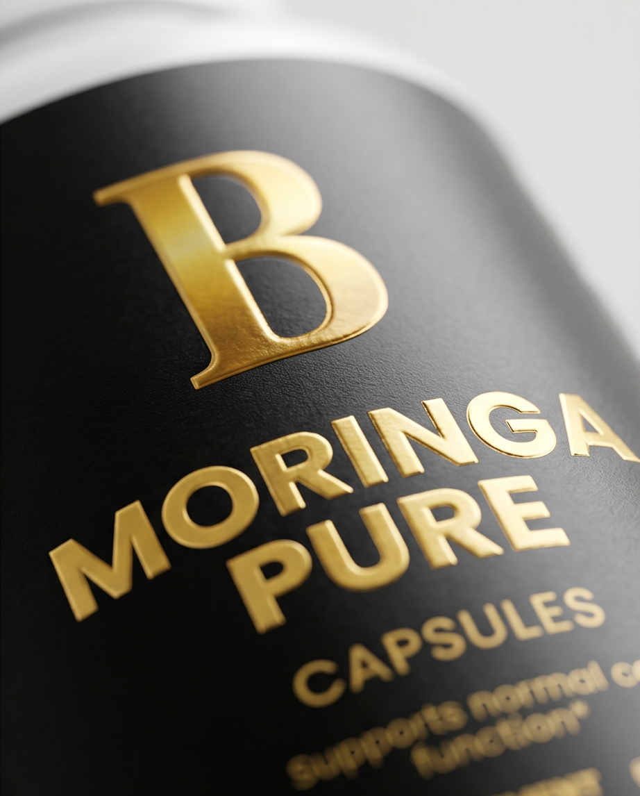 Close-up of a black supplement bottle label with metallic gold foil lettering reading 'B MORINGA PURE CAPSULES'. Bishop Elite Supplements 