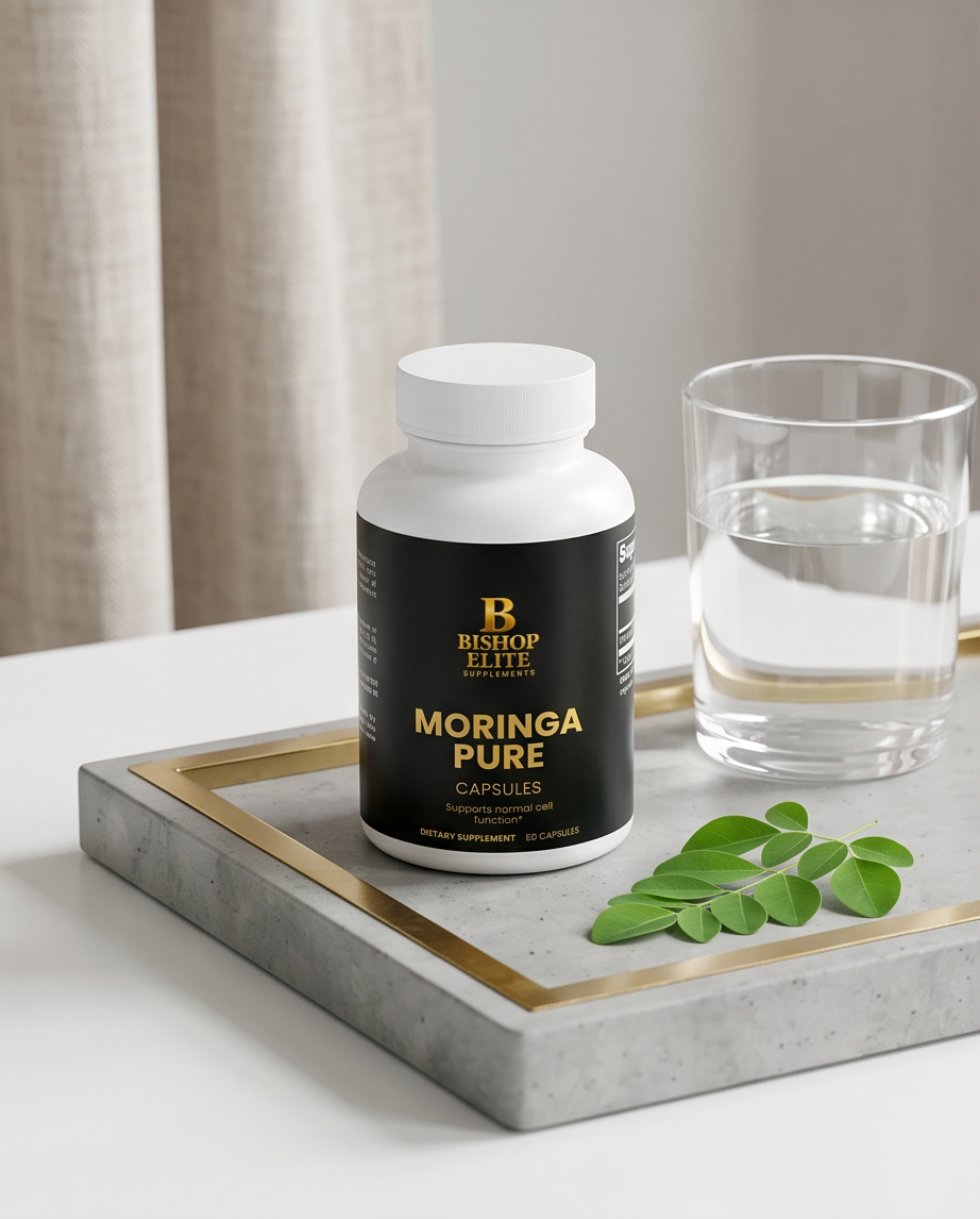 A white bottle of Bishop Elite Moringa Pure dietary supplement capsules sits on a gray and gold tray next to a glass of water and a green leaf sprig, set against a soft beige curtain background. Bishop Elite Supplements 