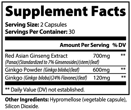 Ginkgo Biloba + Red Asian Ginseng — Standardized Herbal Blend with Flavones & Ginsenosides (Capsules)