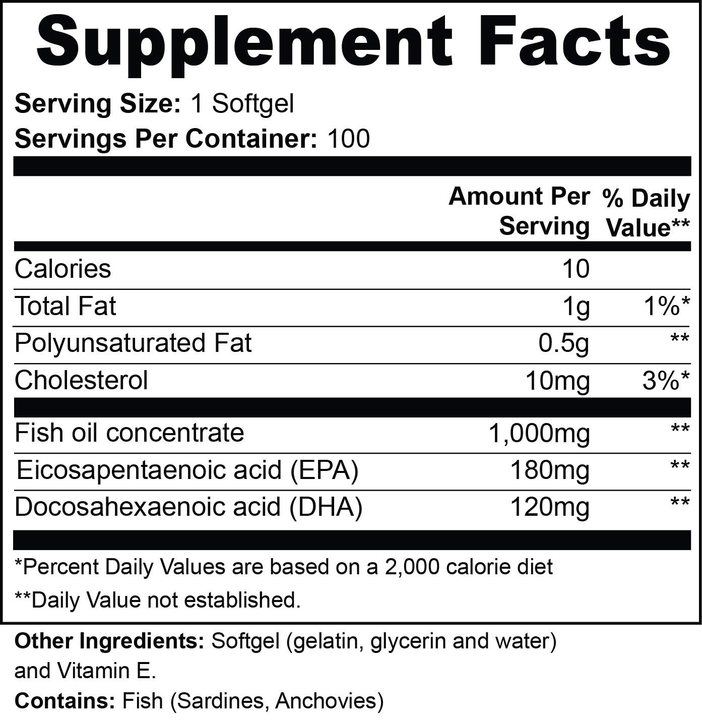 Omega‑3 Fish Oil Softgels — 180 mg EPA + 120 mg DHA with Vitamin E | 100 Softgels