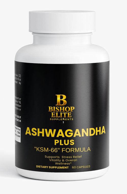  Ashwagandha Plus KSM‑66 botanical blend in a 60‑capsule bottle .  | Bishop Elite Supplement.