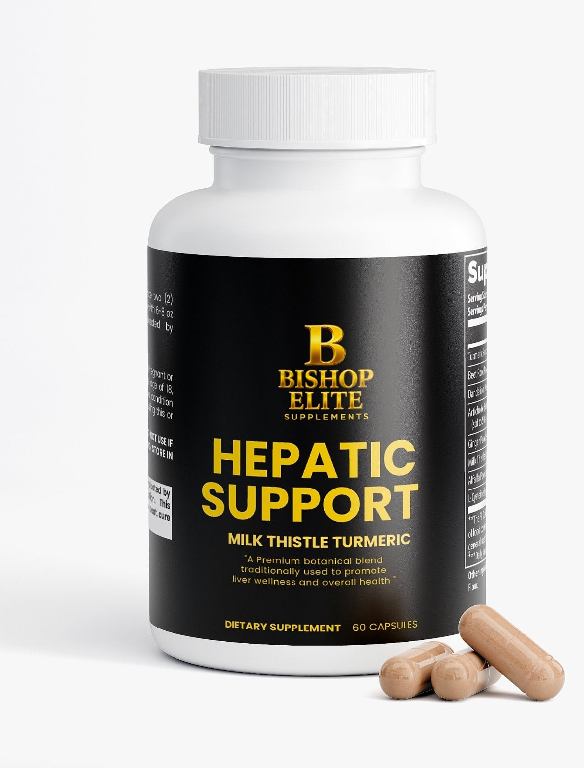 Herbal liver blend supplement in a clean 60‑capsule bottle with modern, minimalist packaging. |Bishop Elite Supplements.