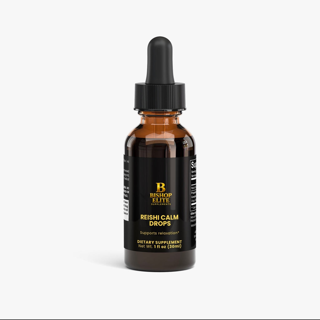 Bottle of Bishop Elite Reishi Calm Drops on a white background.  Bishop Elite Supplements 