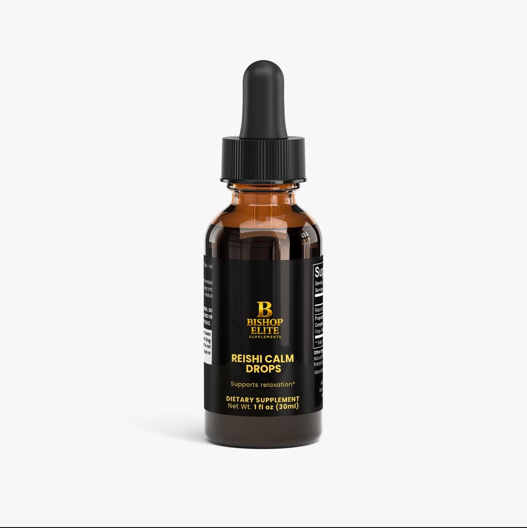 Bottle of Bishop Elite Reishi Calm Drops on a white background.  Bishop Elite Supplements 