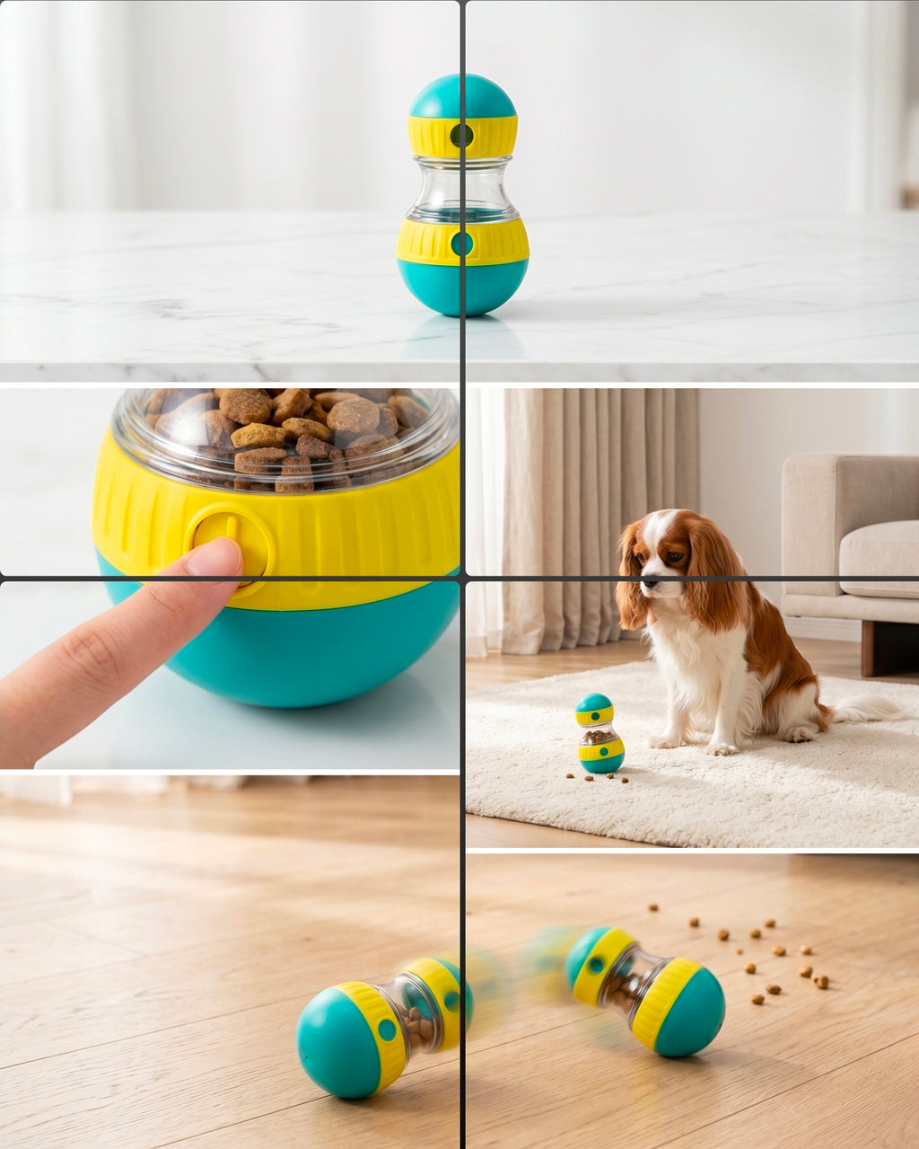 Collage of a blue and yellow pet toy with food dispenser, showing its use and effects.. bishop  x