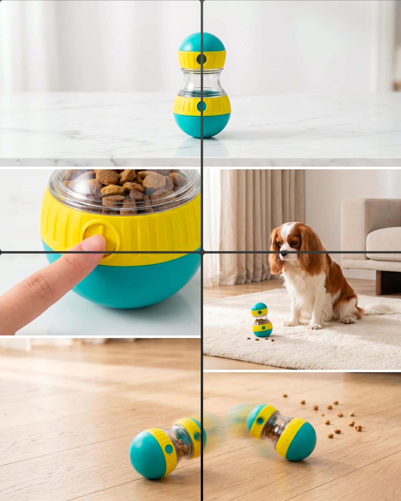 Collage of a blue and yellow pet toy with food dispenser, showing its use and effects.. bishop  x