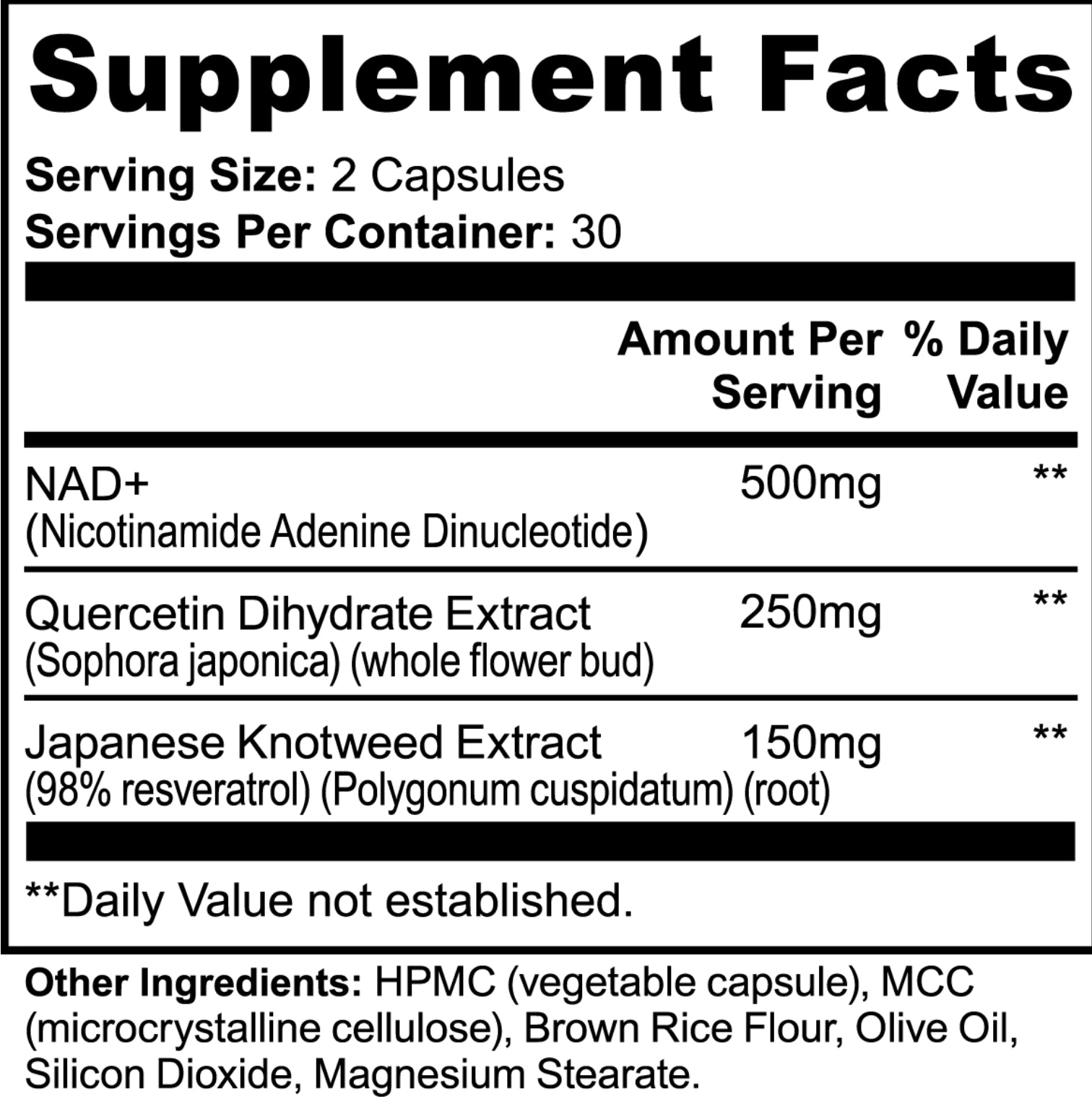 Supplement facts label with NAD+, Quercetin Dihydrate Extract, and Japanese Knotweed Extract on a white background. Bishop Elite Supplements 