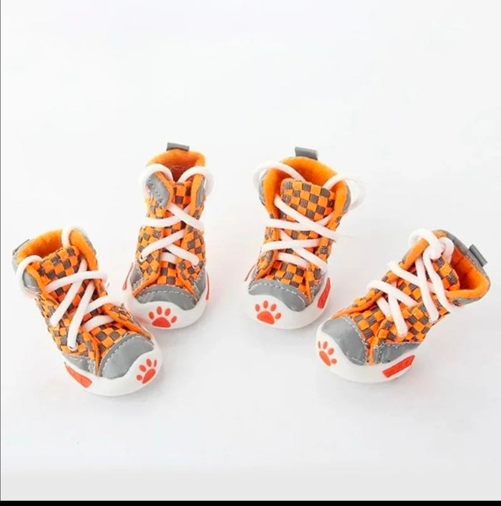 Pair of orange and gray pet shoes with paw prints on a white background. Bishop X 