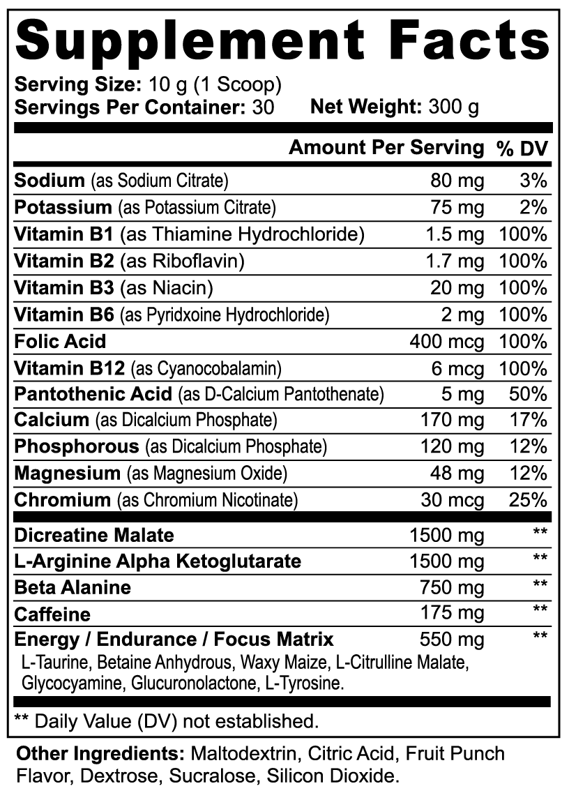 Nitric Shock Pre‑Workout — Fruit Punch Flavor | B‑Vitamins, Creatine & Amino Blend (30 Servings)