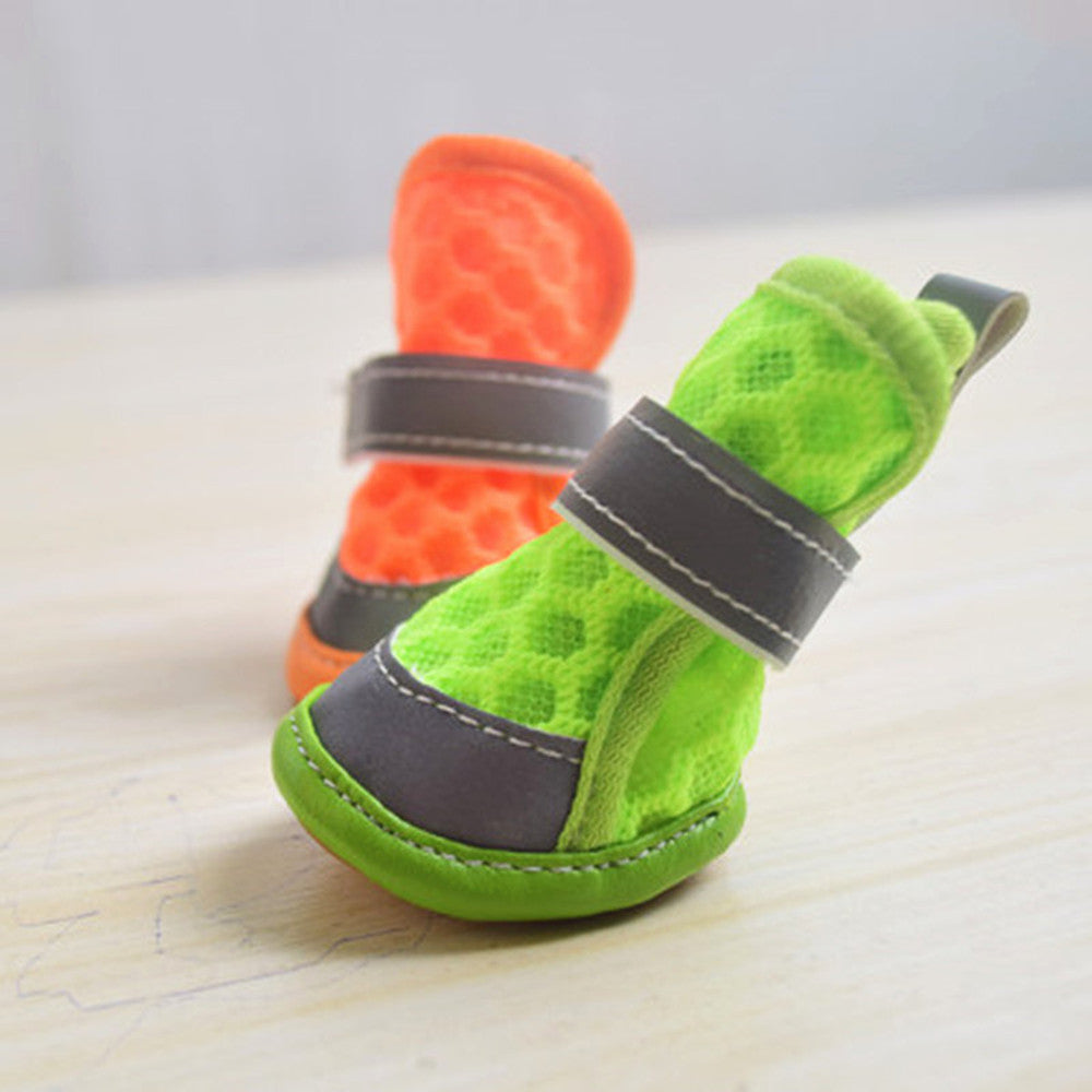Green and orange pet shoes on a light wooden surface. Bishop X 