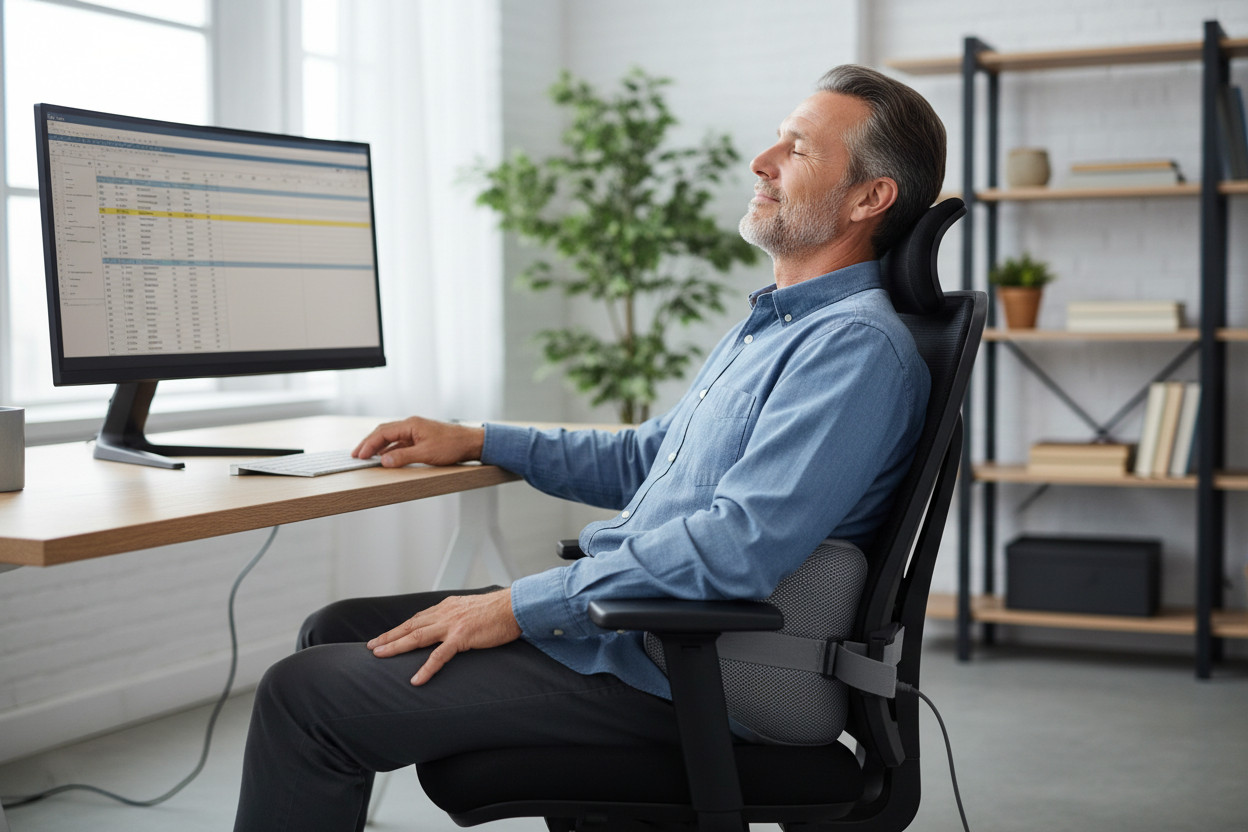 Hombre usando lumbar back massager en oficina