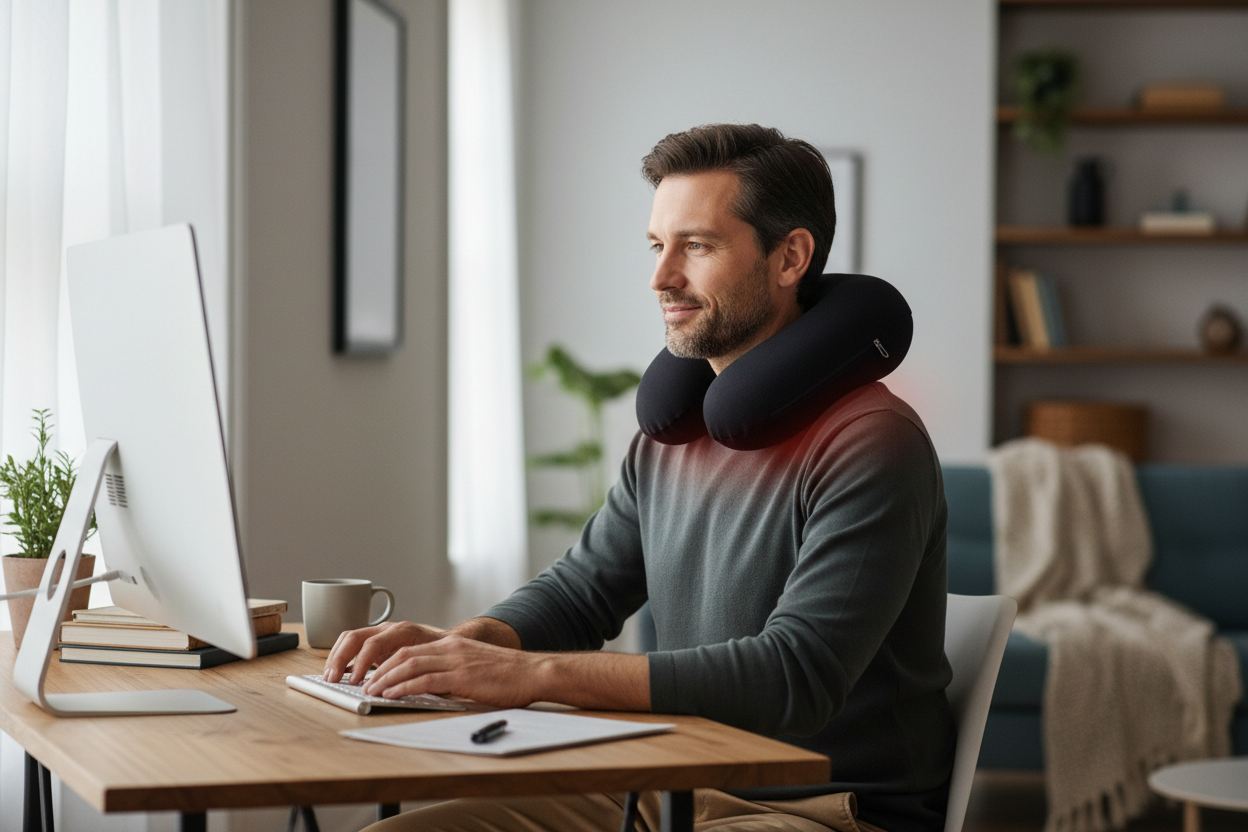 Man using neck pillow massager while working