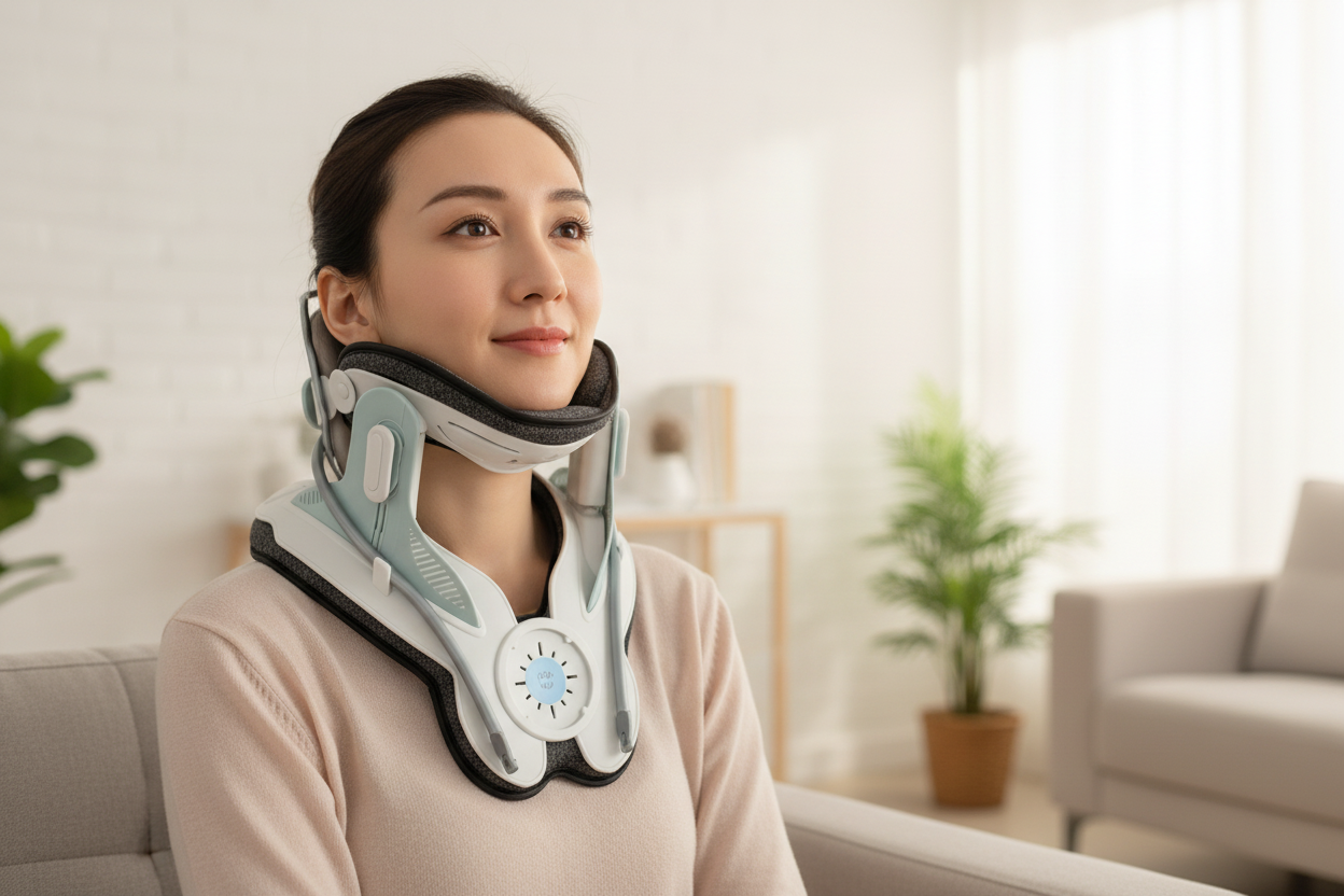 Woman using cervical neck traction device at home