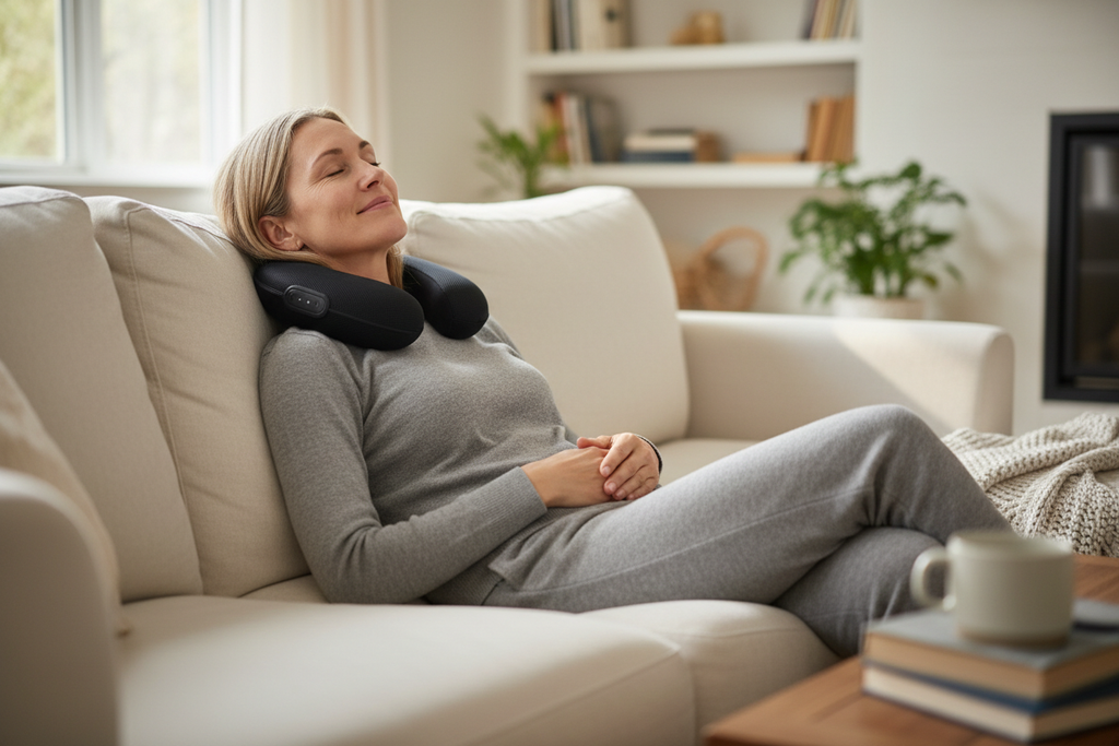 Mujer relajándose con neck pillow massager