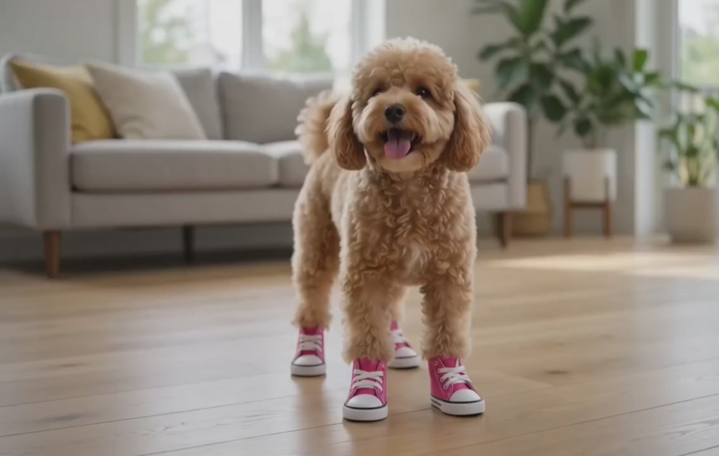Video Small dog wearing pink shoes in a living room playing.  Bishop X 