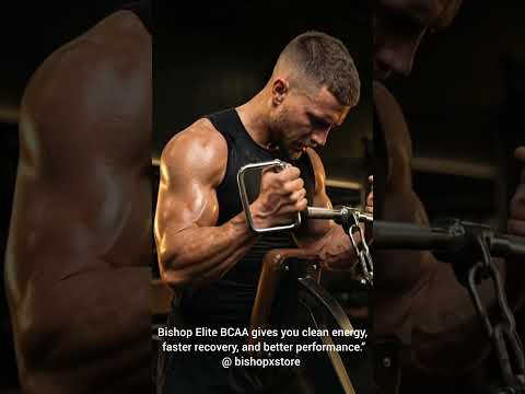 Atletic man lifting weights and enjoying a BCAA post- workout shake. Bishop Elite Supplements 