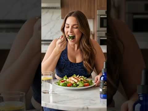 A woman embracing a healthier routine, eating colorful salads, working out, and drinking Diet Drops Ultra to complement her balanced lifestyle.