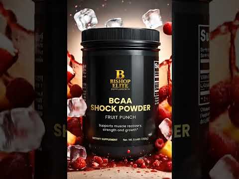 Dynamic video of BCAA Fruit Punch hitting the main container as ice drops around it, creating a cold, refreshing impact. Bishop Elite Supplements 