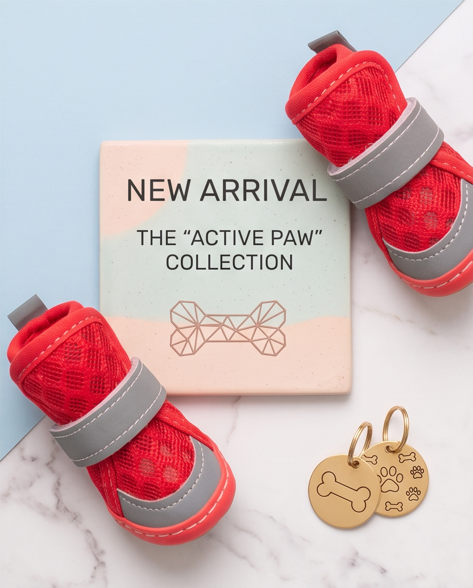 Red pet shoes with gray straps on a marble surface next to a 'New Arrival' sign and gold dog tags. Bishop X 