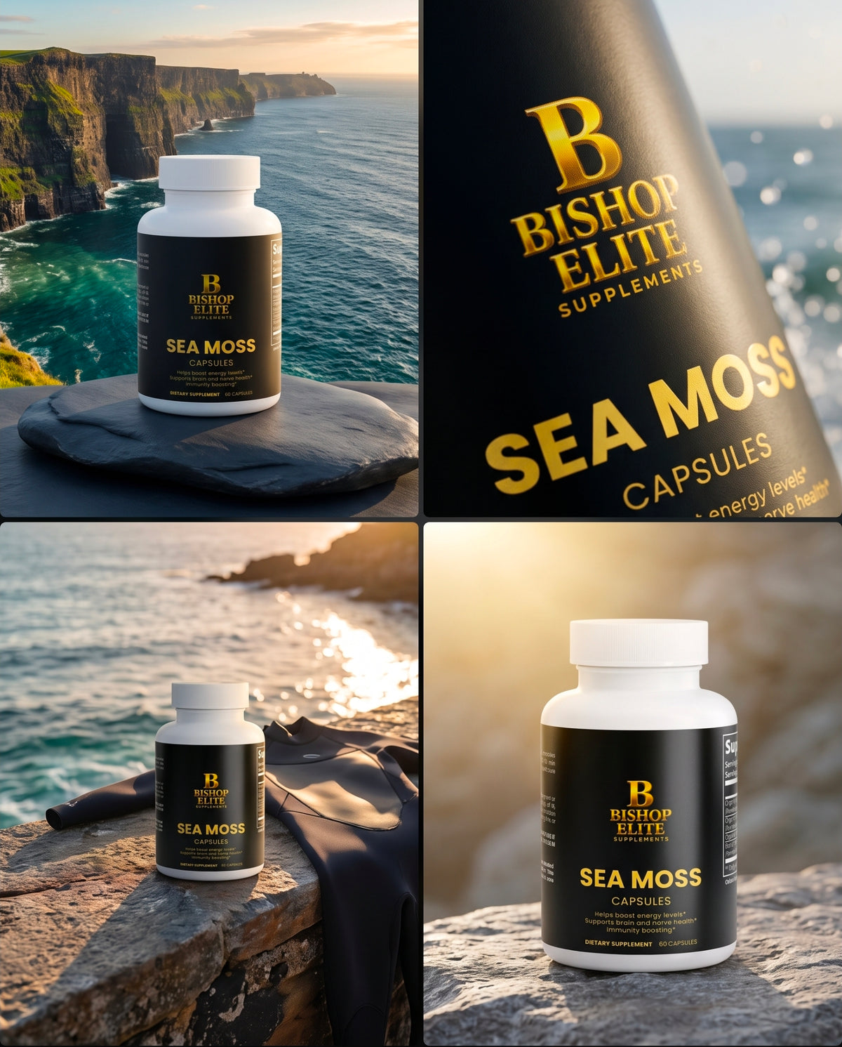 A four-panel collage showing a white bottle of Bishop Elite Sea Moss Capsules placed outdoors on a rock or draped fabric, with ocean cliffs and warm sunset light in the background. One panel is a close-up of the bottle label, and another shows the bottle against the sea at sunset. Bishop Elite Supplements 