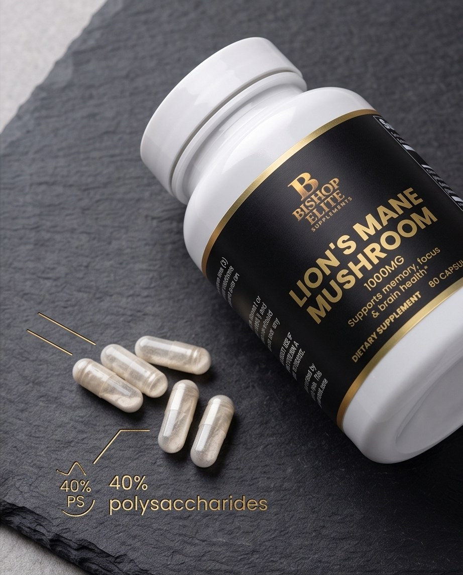 Bottle of Bishop Life Lion's Mane Mushroom supplement with capsules on a dark surface.  Bishop Elite Supplements 