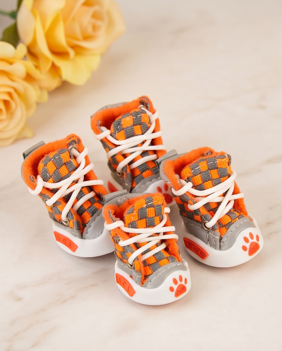 Set of orange and gray pet boots with white laces on a light background. Bishop X 