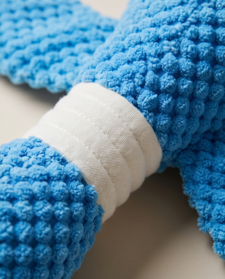 Close-up of blue textured gloves with white cuffs on a light background.  Bishop x 