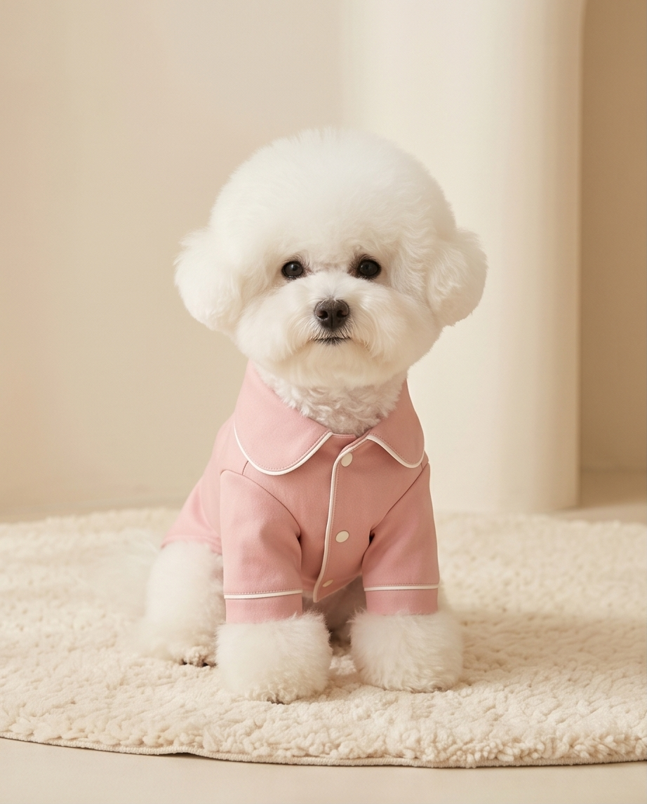 Small white dog wearing pink pajamas sitting on a beige carpet. Bishop X 
