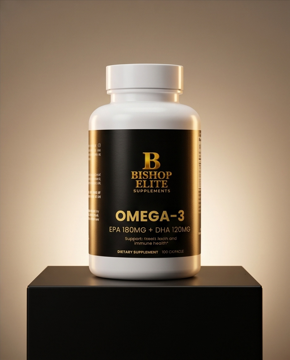 Bishop Elite Omega-3 supplement bottle on a dark surface with a beige background.  Bishop Elite Supplements 