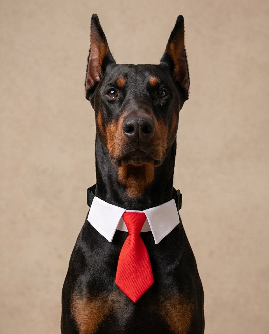 Doberman wearing a white shirt and red tie against a beige background.  Bishop x 