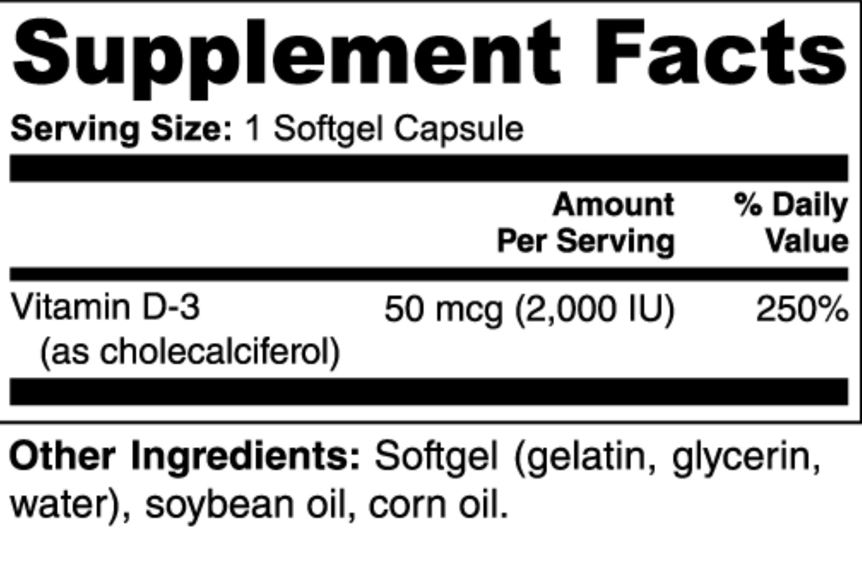 Supplement facts label for a Vitamin D3 supplement with serving size, amount per serving, and other ingredients listed.