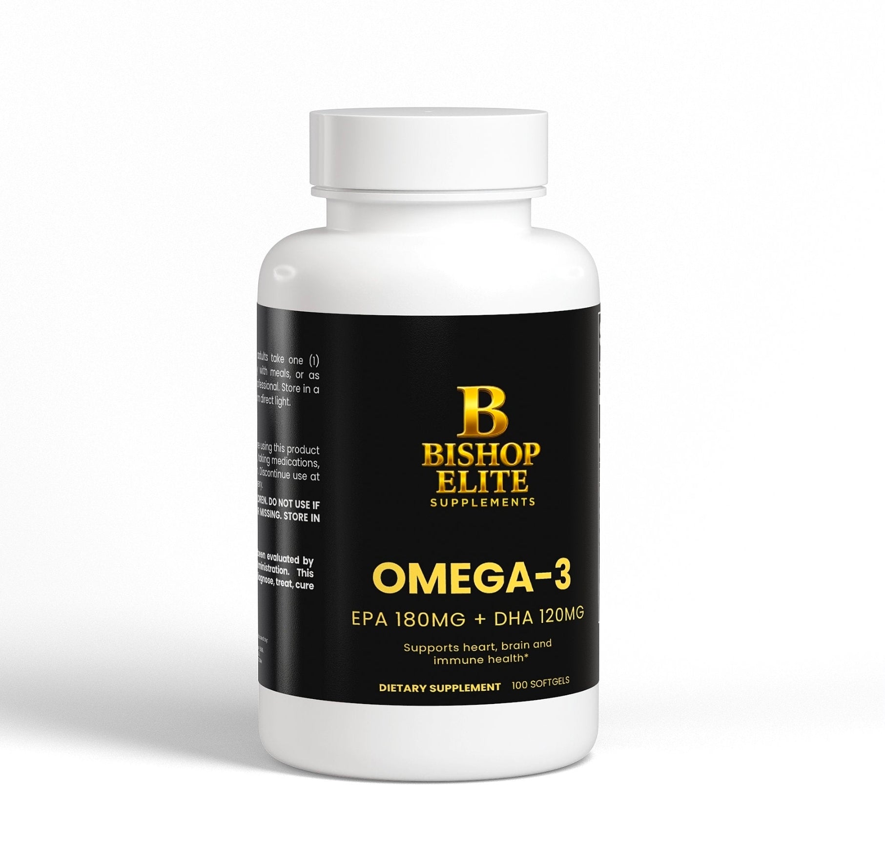 Bishop Elite Supplements Omega-3 dietary supplement bottle on a white background.  Bishop Elite Supplements 