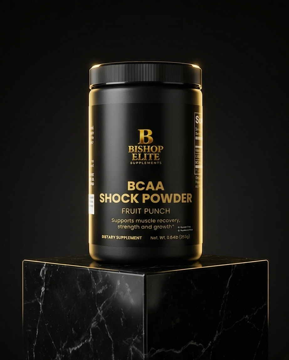 Black supplement container labeled 'Bishop Elite Supplements' on a black background.  Bishop Elite Supplements 