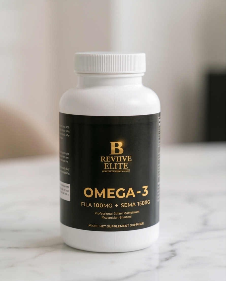 Omega-3 supplement bottle with 'Revive Elite' branding on a marble surface. Bishop Elite Supplements 