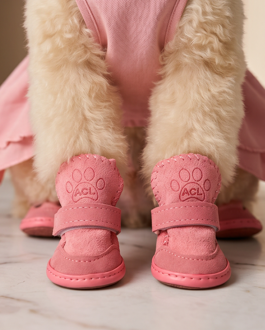 Dog wearing pink paw-print boots with visible brand logo on a neutral background.  Bishop X 