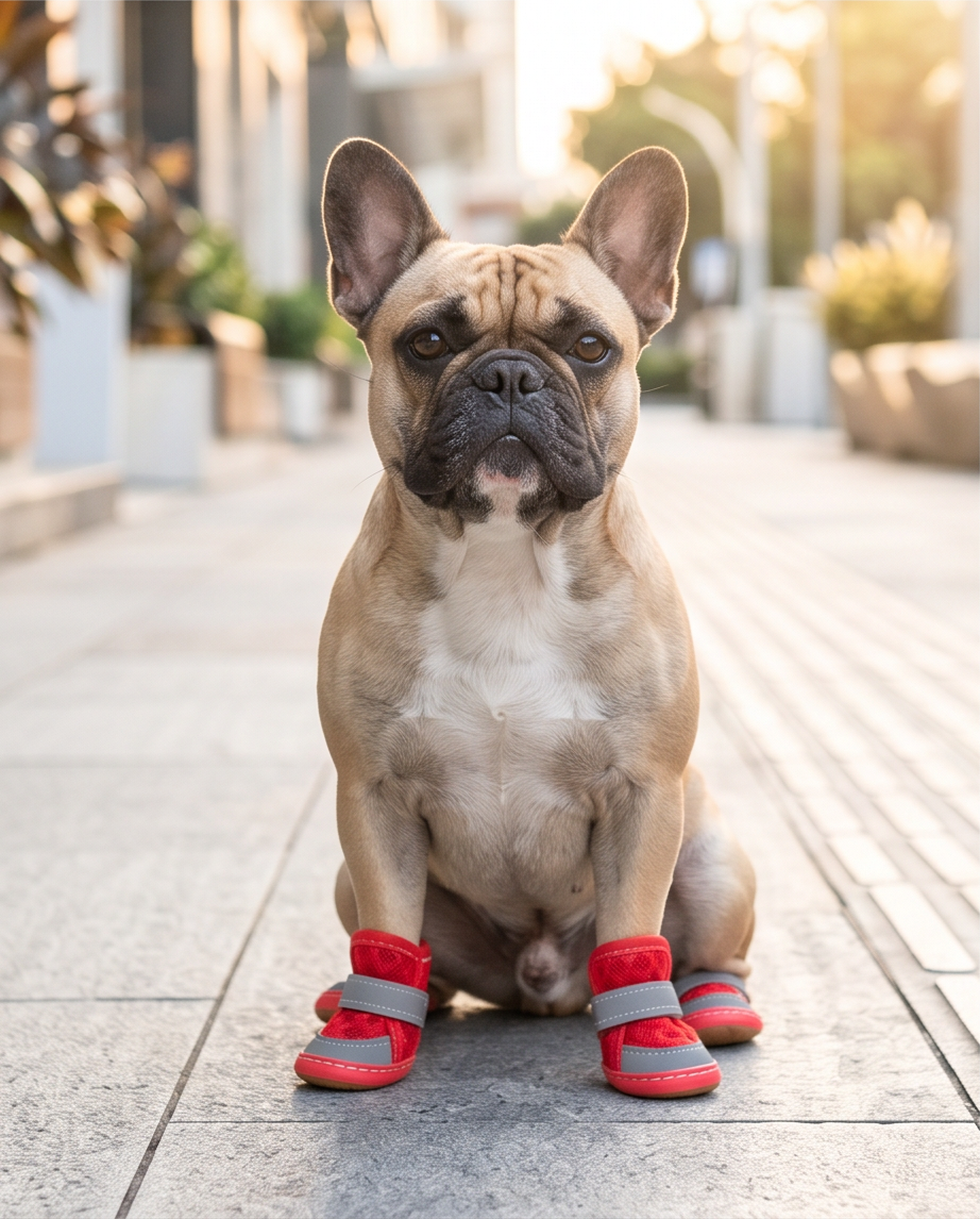 Dog wearing red boots sitting on a sidewalk with a blurred background. Bishop X 