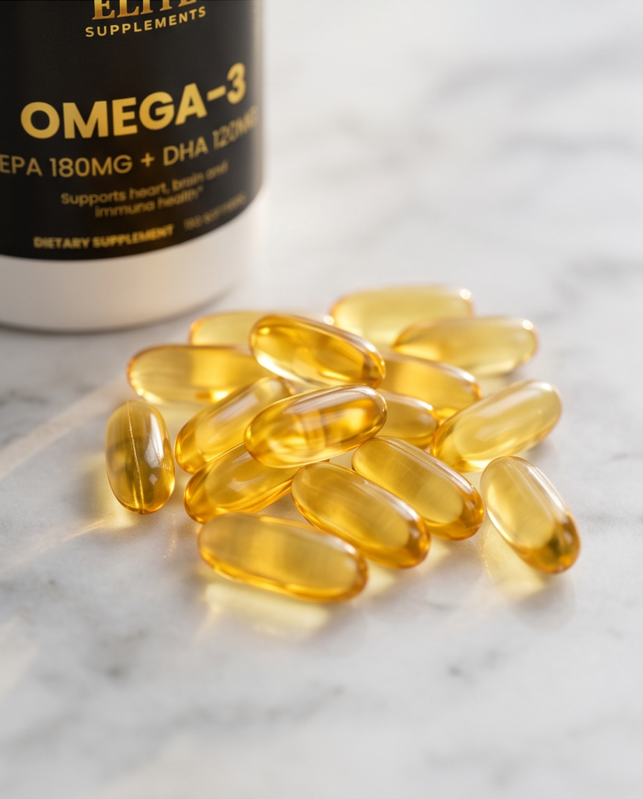 Omega-3 supplement capsules on a marble surface with a supplement bottle in the background.