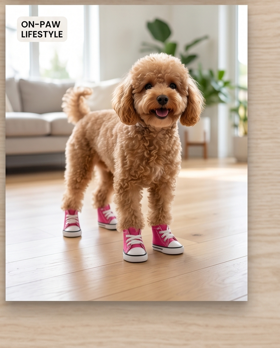 Small dog wearing pink shoes in a living room.  Bishop X 